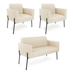 Imagem de Sofá Namoradeira E 2 Poltronas Pé De Ferro Preto Marisa Linho Bege D03 - D`rossi