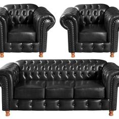 Imagem de Conjunto De Sofá 3 Lugares E 2 Poltronas Chesterfield Luís Xv Preto