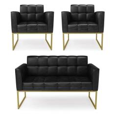 Imagem de Kit 1 Sofá Namoradeira E 2 Poltronas Elisa Corano Base Metálica Industrial Dourado - D`rossi Cor Preto