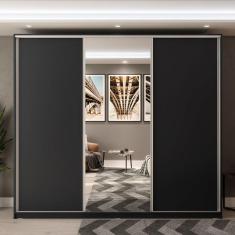 Imagem de Guarda Roupa 3 Portas de Correr com 1 Espelho e 3 Gavetas Belluno RR Móveis Preto