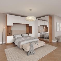 Imagem de Guarda Roupa Modulado de Canto Hera 6 Peças com Espelho e 2 Mesas de Cabeceira CabeCasa MadeiraMadeira Branco Geada/Louro