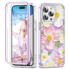 Imagem de RIASOLIN Capa para iPhone 15 Pro, estampa floral colorida retrô com protetor de tela integrado, proteção de corpo inteiro, capa de telefone de PC rígido e flor de TPU macio para mulheres e meninas,