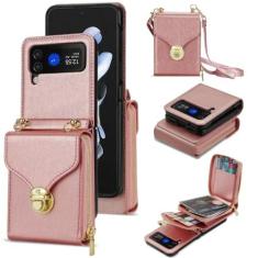 Imagem de Carteira bolsa crossbody capa de telefone para Samsung Galaxy Z Flip 5 4 3 Flip5 Flip4 Flip3 5G porta-cartão com cordão capa de couro, rosa, para Galaxy Z Flip5
