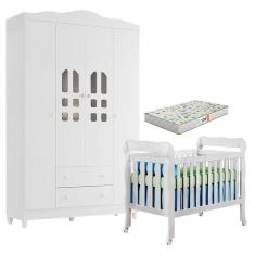 Imagem de Berço Americano Lila e Guarda Roupa Infantil New Selena 4 Portas Branco Brilho com Colchão Gazin - Carolina Móveis