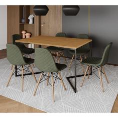 Imagem de Mesa Industrial Retangular Base V Aço Preto 137x90cm Canela 6 Cadeiras Madeira Estofadas Verde