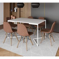 Imagem de Mesa Industrial Retangular Branca Base V Aço Branco 137x90cm 6 Cadeiras Madeira Estofadas Caramelo
