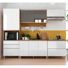 Imagem de Cozinha Completa Bartira Amazonita com 9 Portas, 4 Gavetas e 7 Prateleiras - 271cm de largura - Damasco/Branco