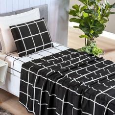 Imagem de Jogo De Cama Solteiro Dupla Face Grid Micro Percal 200 Fios Austin 3 Pçs Preto