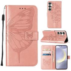 Imagem de Capa carteira para Samsung Galaxy S24 Plus, capa protetora feminina de couro PU com alça de pulso, compartimentos para cartões, bolsa em relevo borboleta com suporte de flor, capa flip para Samsung