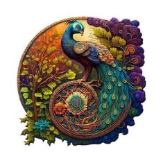 Imagem de Quebra-Cabeça De Madeira Redondo Com Desenho De Pavão - Adulto E Infan
