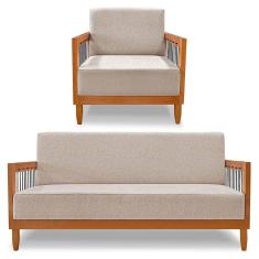 Imagem de Kit Poltrona E Sofá Living 2 Lugares Marilia 1,60m Linho Areia Base Em Madeira Castanho - Pallazio