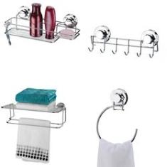 Imagem de Kit Porta Shampoo + Suporte 6 Ganchos + Toalheiro Com Prateleira + Toalheiro Argola Ventosa