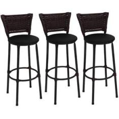 Imagem de Kit 3 Banquetas Alta  com Encosto em Junco Argila e Assento  Fortmix