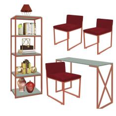 Imagem de Kit Escritório Bex 3 Cadeiras Suede Vermelho com 1 Mesa e 1 Livreiro Ferro Bronze MDF Verde Oliva - Ahazzo Móveis