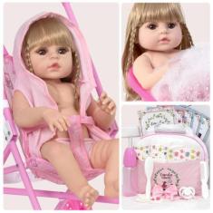 Imagem de Boneca Reborn Realista 100% Silicone Loira Enxoval Carrinho - Cegonha