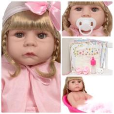 Imagem de Boneca Bebê Reborn Loira 100% Vinil Pijaminha Rosa Enxoval - Cegonha R