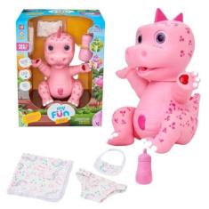 Imagem de Boneco Dinossauro Faz Xixi Rosa + Mamadeira Fralda e Babador