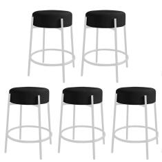 Imagem de Kit 05 Banquetas Alta Sintra 65cm Redonda Ferro Branco Suede Preto - Ahazzo Móveis