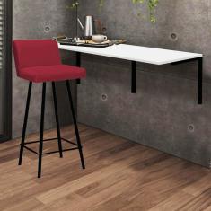 Imagem de Kit Mesa Suspensa de Parede Fixa MDF Branco + 1 Banqueta Lexi Ferro Preto Sintético Vermelho - Ahazzo Móveis