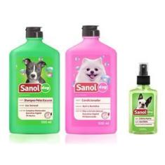Imagem de Kit completo banho cães: Shampoo para Cães Pelos Escuros + Condicionador Revitalizante + Perfume colônia Machos - Sanol Dog
