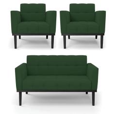 Imagem de Sofá Namoradeira E 2 Poltronas Base De Madeira Preto Elisa Veludo D03 - D'rossi Cor Verde