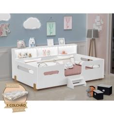 Imagem de Cama Juvenil Mary Com Escada Led E Nicho + Colchão Branco/Castanho Claro