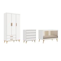 Imagem de Quarto de Bebê Berço 3 em 1 Cômoda Gaveteiro Guarda Roupa Retrô 3 Portas com Gavetas Branco com Bétula Carolina Baby