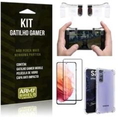 Imagem de Kit Gatilho Gamer Galaxy S21 Plus Gatilho + Capa Anti Impacto + Película Vidro 3D - Arm...
