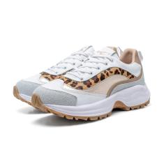 Imagem de Tênis Casual Couro Sneaker Feminino Solado Chunky Tratorado Amarração Onça-Feminino