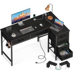 Imagem de Coleshome Mesa de 106 cm em forma de L com gavetas, mesa de computador com tomadas, mesa de escritório em casa com 6 gavetas, mesa de canto reversível para espaços pequenos, mesa de trabalho de estudo