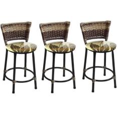 Imagem de Kit 3 Banquetas Baixas Preta com Encosto Junco Capuccino Assento Flora