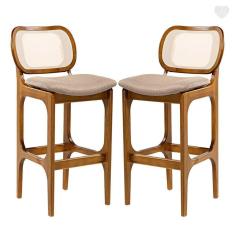 Imagem de Kit 2 Banquetas para Cozinha Americana Decor Encosto Rattan Madeira Imbuia Linho Marrom L87 RMI
