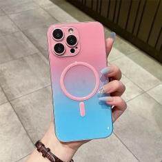 Imagem de Capa de telefone luxuosa de carregamento sem fio da moda para iPhone 14 11 13 12 Pro Max Plus cor gradiente capa traseira luminosa, rosa azul, para iPhone 11