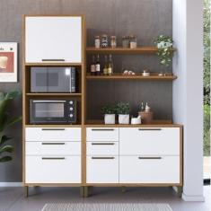Imagem de Cozinha Compacta 194cm com 3 Peças 2 Prateleiras e 1 Paneleiro 100% Mdf Vicenza Espresso Móveis Amêndoa/Branco