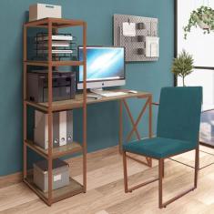 Imagem de Kit Escritório Mesa Max BeX 5 Prateleiras e Cadeira Stan Bronze Tampo Carvalho Suede Azul Turquesa - Ahz Móveis