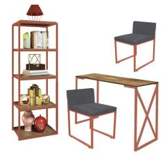 Imagem de Kit Escritório Bex 2 Cadeiras Suede Cinza com 1 Mesa e 1 Livreiro Ferro Bronze MDF Imbuia - Ahazzo Móveis