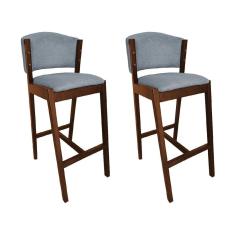 Imagem de Kit 2 Banquetas Alta De Madeira Maciça Natural Premium Ana Com Encosto Linho Cinza