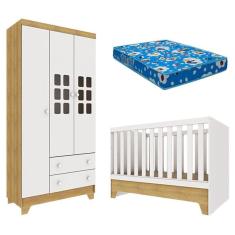 Imagem de Berço Americano Mini Cama com Guarda Roupa Infantil Malu Branco Acetinado Bétula com Colchão Ortobom – Carolina