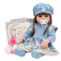 Imagem de Boneca Bebe Reborn Realista Vestido Florido Azul 13 Itens - Cegonha Re