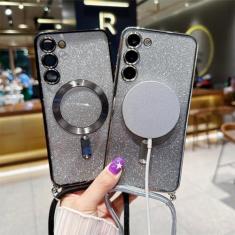 Imagem de Capa crossbody cordão glitter para samsung galaxy s24 s23 s21 fe s22 ultra plus magnético macio tpu chapeamento capa, rosa, para samsung s21 fe