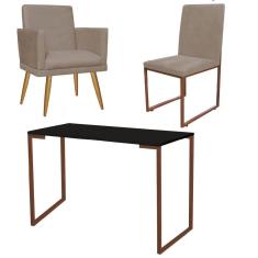 Imagem de Kit Escritório Stan Poltrona Rodapé com Cadeira e Mesa Industrial Preto Bronze Suede Bege - Ahz Móveis