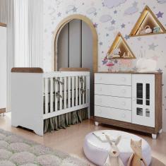 Imagem de Quarto de Bebê Cômoda 4 Gavetas com Porta Ariel Berço 3 em 1 Gabrielle Br Amadeirado Carolina Baby