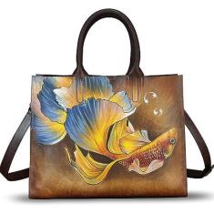 Imagem de Bolsa feminina de couro genuíno pintada à mão com alça superior, bolsa tiracolo feita à mão, Padrão 6, Medium