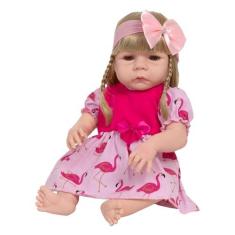 Imagem de Boneca Bebê Reborn Loira Vestido Flamingo Kit 13 Acessórios