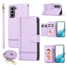 Imagem de Dswteny Compatível com Samsung Galaxy S22 5G capa carteira alça de pulso, alça transversal, espelho de couro PU flip suporte para cartão de crédito capa para celular para S 22 22S 4G G5 15.5 cm