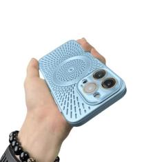 Imagem de Capa de telefone de malha de dissipação de calor respirável 14 13 12 15 pro max capa de telefone de carregamento sem fio magnético, azul claro, para iphone 13