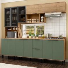 Imagem de Cozinha Modulada Toscana 5 Peças Mdf com Aéreo 1200 Porta de Vidro e Paneleiro com Tampo Freijó/Jade