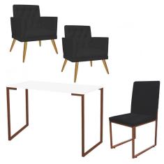 Imagem de Kit Escritório Stan 2 Poltronas Maria com Cadeira e Mesa Industrial Branco Bronze Corino Preto - Ahz Móveis
