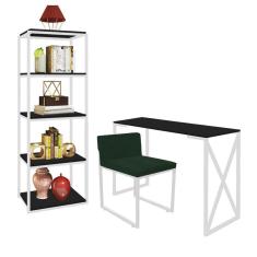 Imagem de Kit Escritório Bex 1 Cadeira Suede Verde com 1 Mesa e 1 Livreiro Ferro Branco MDF Preto - Ahazzo Móveis
