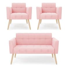 Imagem de Kit 1 Sofá Namoradeira E 2 Poltronas Elisa Suede Rosa Bebê Pés Palito Natural - D`rossi